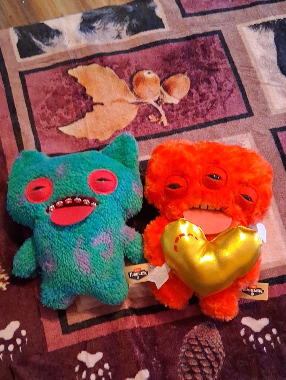 Plush Monster Duo - Teal & Orange with Gold Heart
